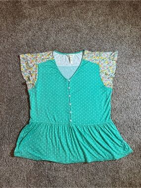 Matilda Jane Teal Trim Top with Subtle Pastel Print
